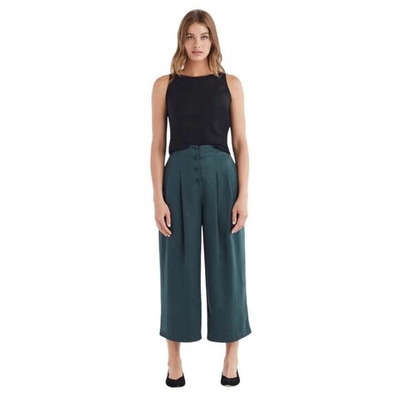 VETTA Capsule Button Fly Culottes Pants Green Tencel Wide Leg High Waist Size 4 - Picture 1 of 9